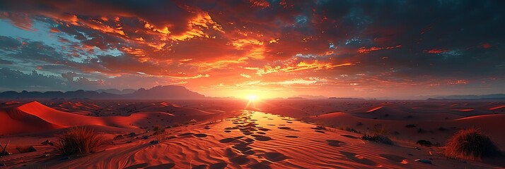 A vast desert landscape with towering sand dunes under a fiery sunset sky
