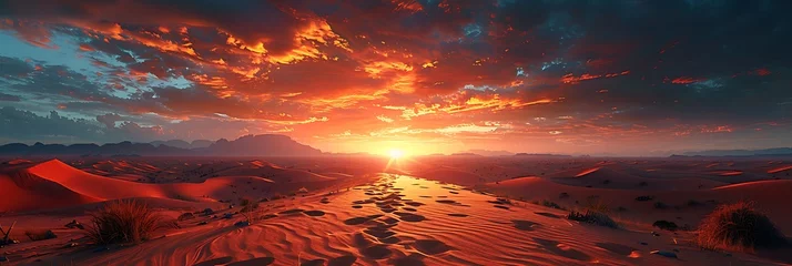 Foto op Aluminium A vast desert landscape with towering sand dunes under a fiery sunset sky © forall