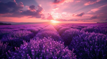 A field of lavender flowers with a pink and orange sky in the background. The sky is filled with clouds and the sun is setting, creating a warm and peaceful atmosphere - obrazy, fototapety, plakaty