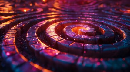 A spiral made of stone with a glowing orange center. The spiral is surrounded by a purple and orange glow - obrazy, fototapety, plakaty