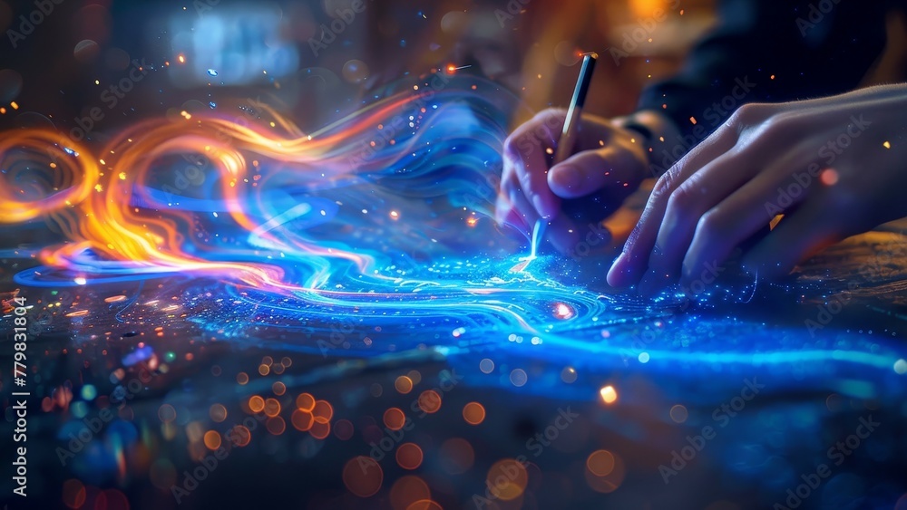 Poster a person is drawing on a computer screen with a pen. the drawing is abstract and colorful, with a lo