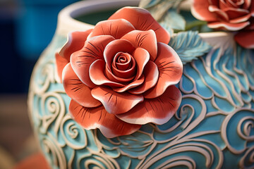 A close-up of a blooming rose in an intricately designed ceramic pot.