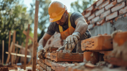 male builder in uniform and helmet builds a wall of bricks, construction site, man, house, architecture, foreman, profession, building, stone, illustration, background