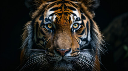 Fototapeta premium Portrait of a tiger's face on a dark background.