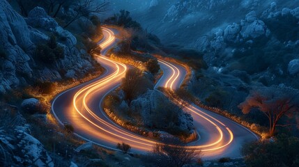 A winding road with a bright orange glow in the background. The road is surrounded by trees and rocks, giving it a serene and peaceful atmosphere - obrazy, fototapety, plakaty