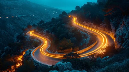 A winding road with a bright orange glow. The road is surrounded by trees and mountains. The scene is serene and peaceful