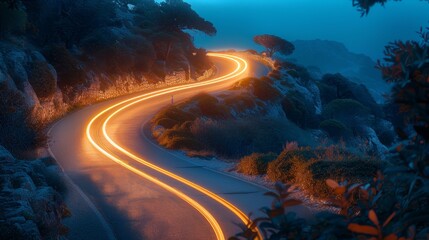 A winding road with a bright orange line on it. The road is surrounded by trees and bushes - obrazy, fototapety, plakaty