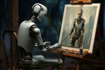 Fototapeta premium Futuristic concept of a humanoid android robot is painting a watercolor art on a canvas frame in a room at night illustration. Generative AI.