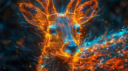 A deer with orange and blue fur is shown in a blurry, abstract style. The colors and style of the image create a sense of movement and energy