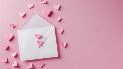 love letter envelope with paper craft hearts - flat lay on pink valentines or anniversary background with copy space Generative AI