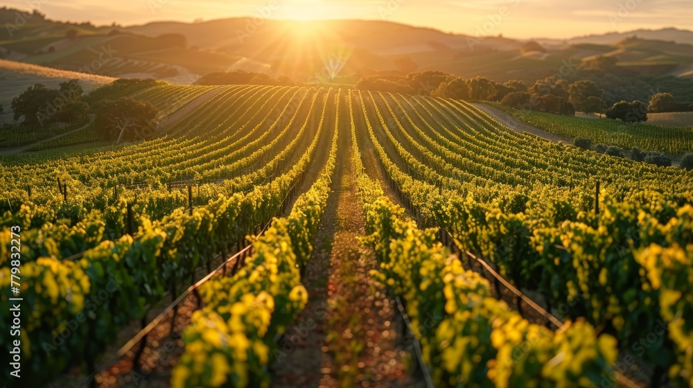 Poster a field of grape vines with a sun shining on them