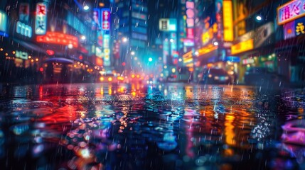 A city street with neon signs and rain. The rain is reflecting the lights of the signs, creating a colorful and vibrant atmosphere