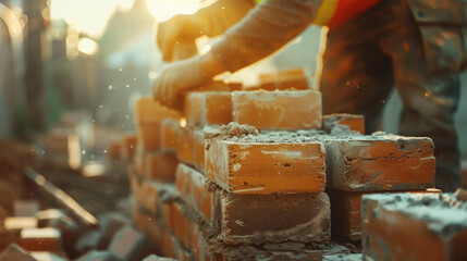 male builder in uniform and helmet builds a wall of bricks, construction site, man, house, architecture, foreman, profession, building, stone, illustration, background - obrazy, fototapety, plakaty