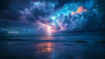 A stormy sky with a lightning bolt and a large cloud. The sky is dark and the ocean is calm