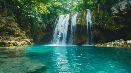 A waterfall is flowing into a pool of water. The water is clear and blue. The waterfall is surrounded by trees