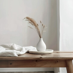 Modern white ceramic vase with dry Lagurus ovatus grass and marble tray on a vintage wooden bench