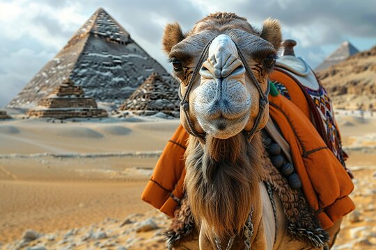 a photo of camel standing in the egyptian sand desert sahara. pyramids in the background.