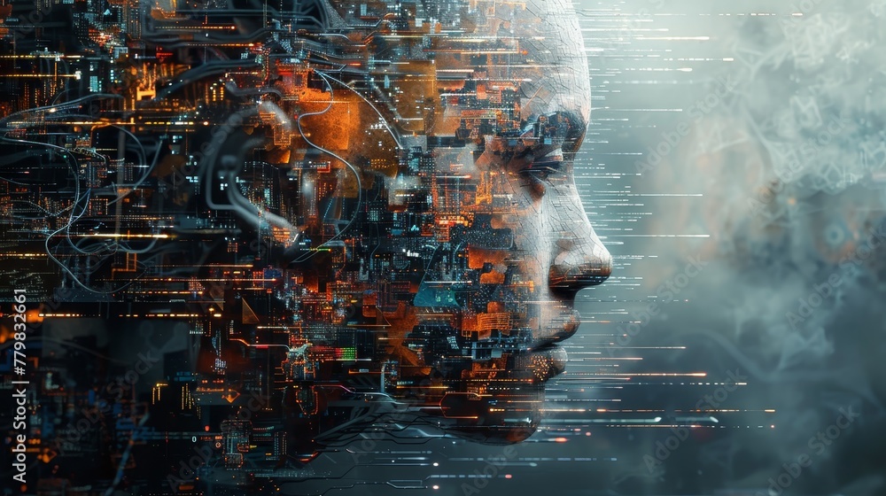 Aufkleber a woman's face is shown in a computer-generated image with a cityscape in the background. the image 