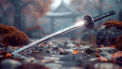 A science-fiction Japanese sword. Futuristic katana with decorative metal handle. Sci-fi Asian katana. Steel Sword. - obrazy, fototapety, plakaty