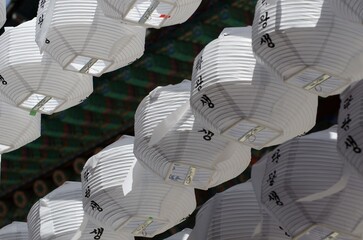 A row of lanterns with Chinese writing on them