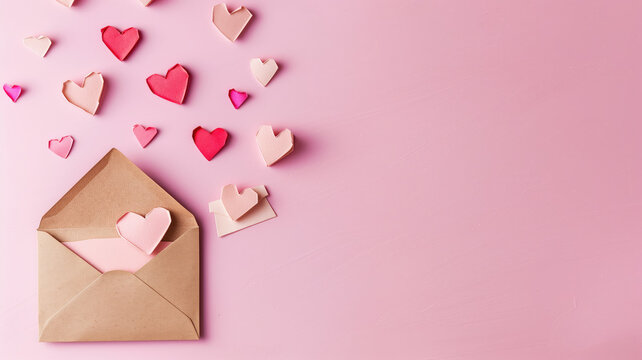 love letter envelope with paper craft hearts - flat lay on pink valentines or anniversary background with copy space Generative AI