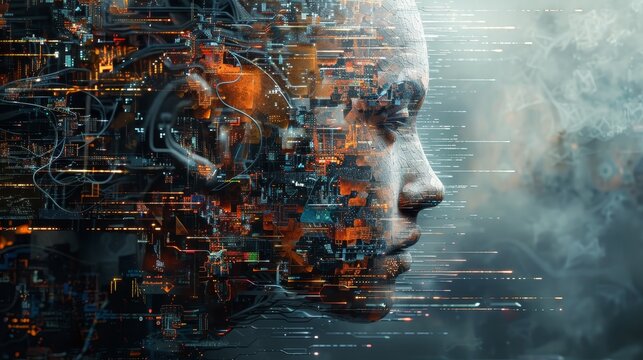 A woman's face is shown in a computer-generated image with a cityscape in the background. The image is a representation of the idea of technology and its impact on human life