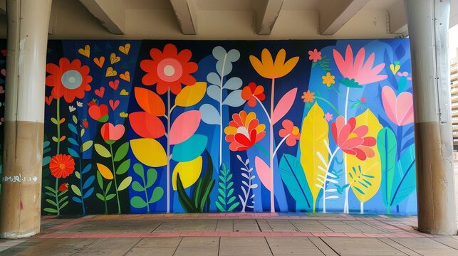 A colorful mural of flowers and butterflies on a wall. The mural is very colorful and lively, with a lot of different types of flowers and butterflies. Scene is cheerful and uplifting, as the flowers