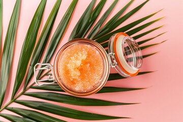 pastel peach color body scrub in an open jar on top of a palm leaf on a pastel peach background
