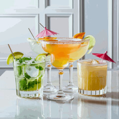 A frontal view of freshly made, chilled cocktails in glasses with a white backdrop Vector