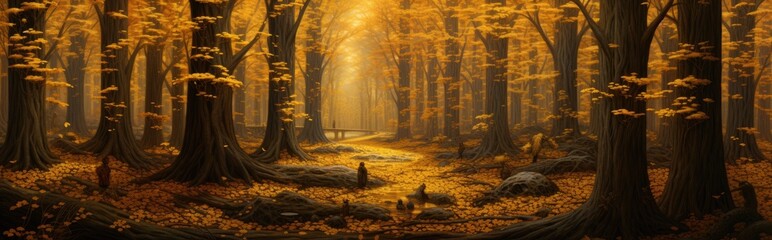 Enhanced by golden accents, a forest painting comes to life, drawing attention to the commanding presence of a massive tree trunk at its center. - obrazy, fototapety, plakaty