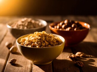 Three bowls of cereal and nuts on a wooden table. Suitable for food and nutrition concepts