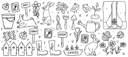 Set of spring elements for garden. Seeds for seedlings, rubber boots and watering can, butterflies and ladybugs, bunnies and daisies. Black and white vector isolated illustration hand drawn doodle