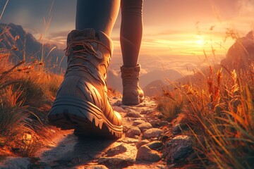 A closeup of the hiker's feet in hiking boots, walking along an old mountain trail at sunset. - obrazy, fototapety, plakaty