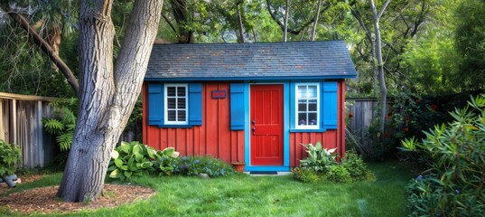 Suburban Charm: Garden Shed with Red Door and Blue Shutters