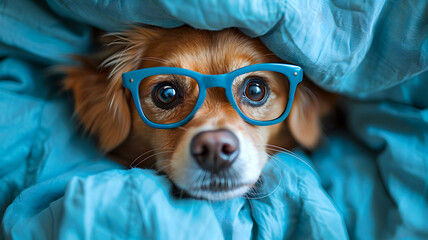 Cutie puppy dog ona blue background.Colorfull pedigree - obrazy, fototapety, plakaty