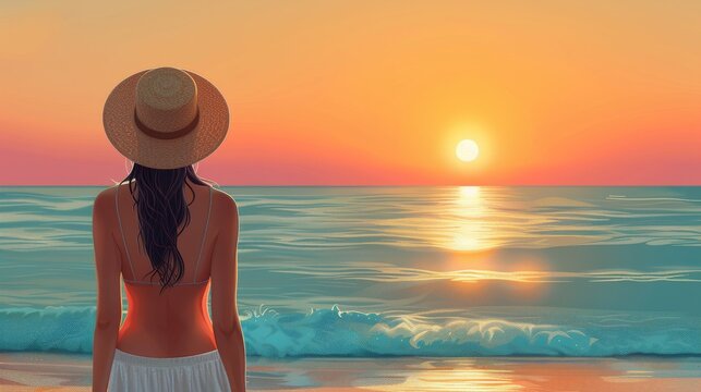 Flat illustration with a pastel palette of a girl in a hat on vacation walking along the ocean's shoreline at sunrise