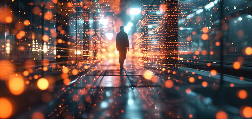 Silhouette of a person walking in a futuristic data center with glowing orange lights. Conceptual digital art representing big data, cybersecurity, and technology. - obrazy, fototapety, plakaty