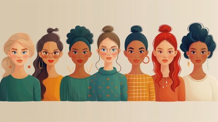Strong women from different cultures and nationalities stand together for International Women's Day, modern concept of gender equality and women empowerment. - obrazy, fototapety, plakaty
