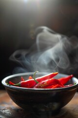 Spicy chili pepper dish, close-up, steam rising, vibrant red, intense flavor, fiery mood.up32K HD