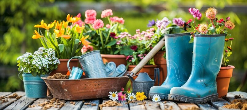  Gardening Essentials: Tools, Wheelbarrow, and Boots Amidst Blooming Beauty