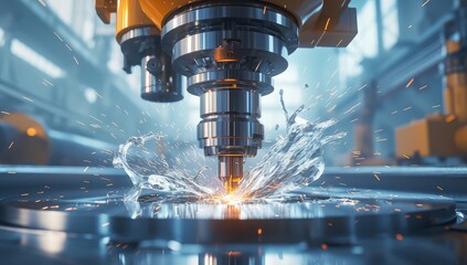 A close-up shot of an advanced machine tool in action, creating intricate parts with precision and speed.  - obrazy, fototapety, plakaty