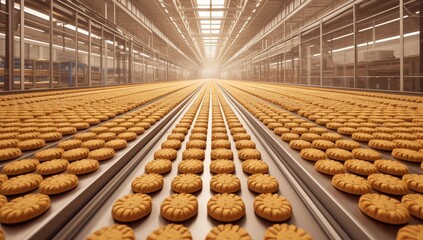 A closeup shot of a cookie production line with cookies being placed 