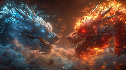 Obraz na płótnie Canvas Blue square red square Chinese dragon elements, e-sports game confrontation scene illustration