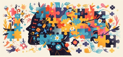 A colorful puzzle piece cut into the shape of an adult human head, with various colors representing different aspects like thoughts and emotions.