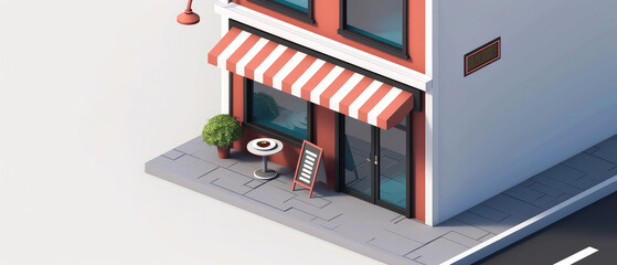 Isometric view of facade сoffee shop, cafe store, bar or restaurant with counter, glass windows. Showcase.Top view. Cartoon, 3d interior mockup. Generative ai