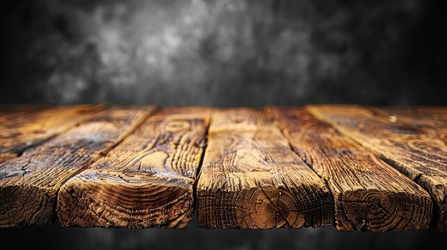 There is a free area on a wooden table for displaying products while the black wall background is blurred...