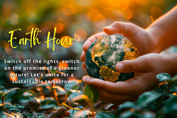 Earth Hour message with hand holding globe representing Earth Day - obrazy, fototapety, plakaty
