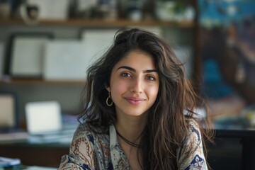 Iranian woman in her office, smiling, looking at the camera