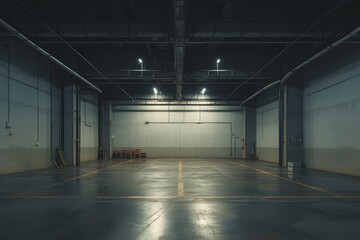 A dark warehouse with a wide, empty