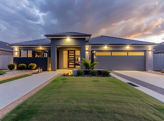 Fototapeta na wymiar front view of modern home in perth with front lawn and garage door at dusk with lighting up the house, artificial grass, grey tones